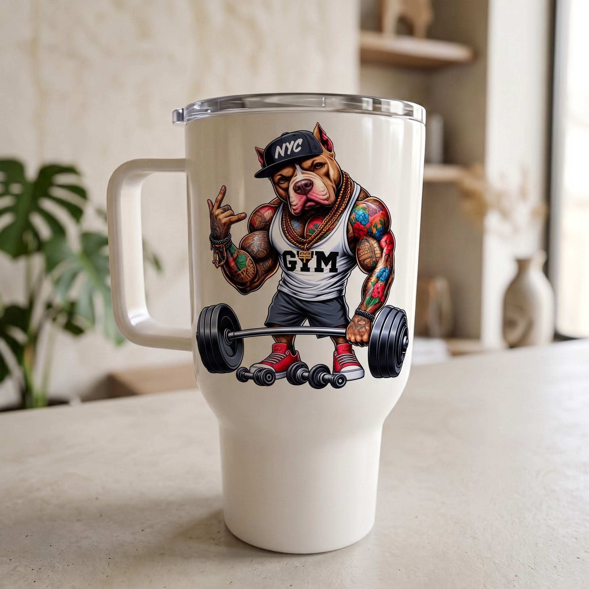 Cestovní termohrnek „Svalnatý pitbull z posilovny“ – 450 ml